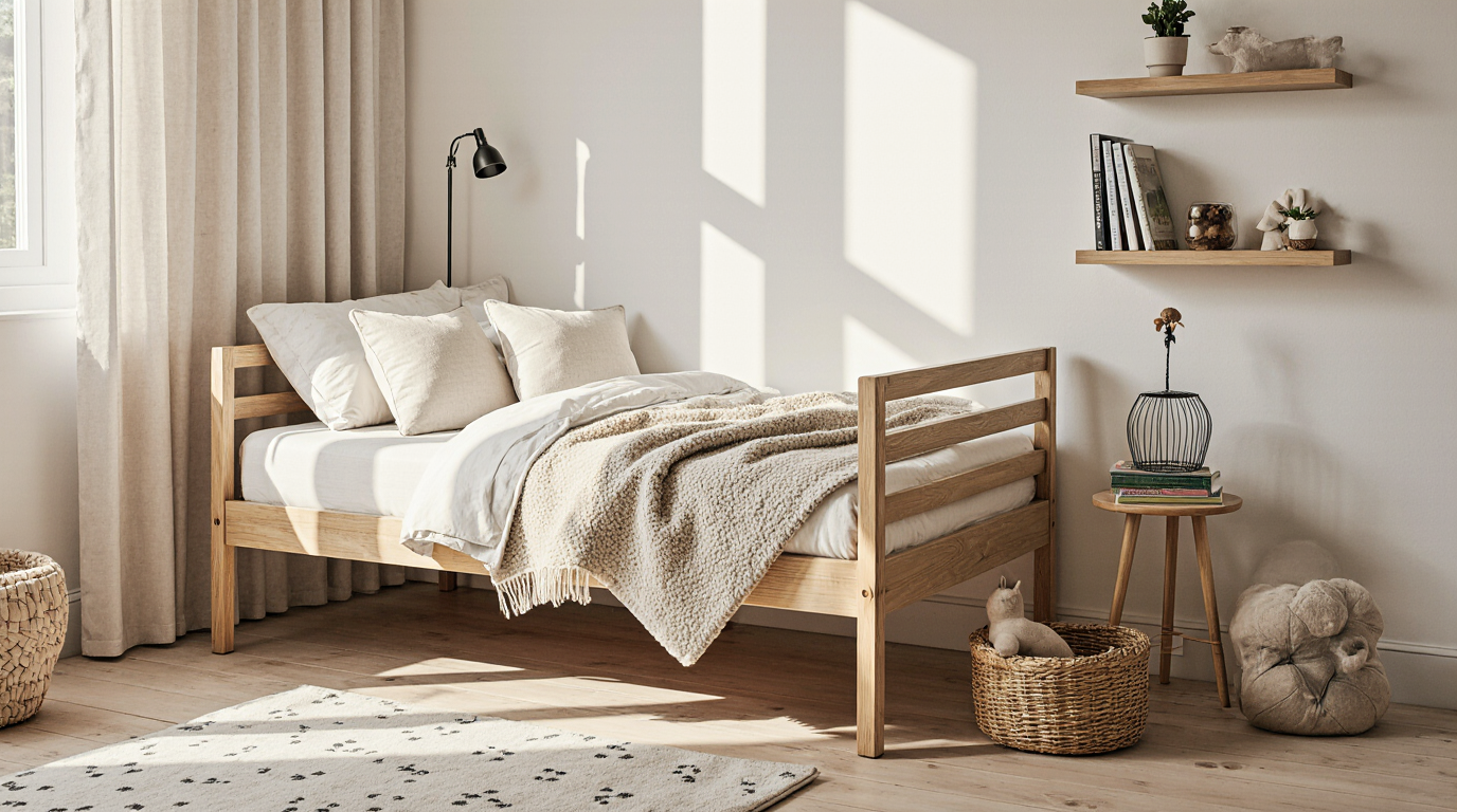 Montessori Bed: 7 Benefits, Types and Safety Guide for Parents 1 low natural oak montessori bed with linen bedding in a minimalist bedroom