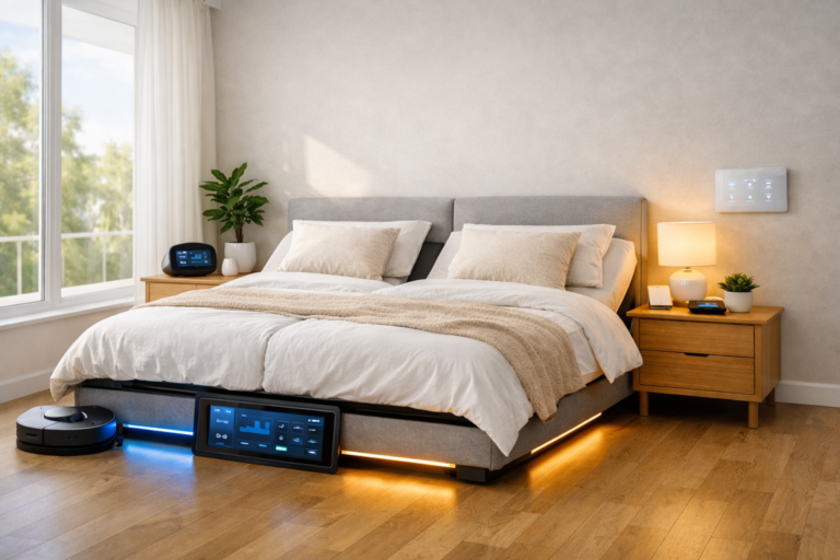 9 Ways a Smart Bed with Sleep Tracking Transforms Your Sleep 1 Smart bed with sleep tracking in a modern bedroom with smart home technology